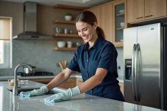 Femme en uniforme nettoyant la cuisine moderne