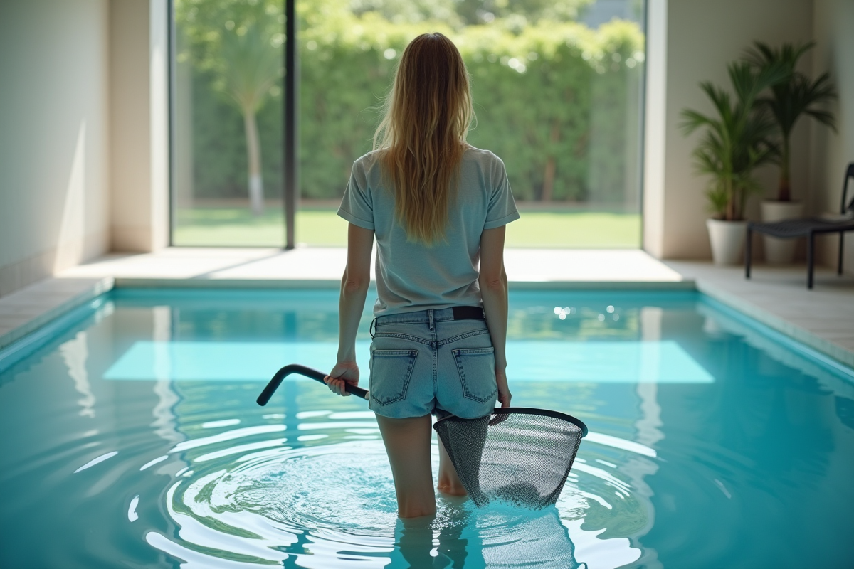 Jeune femme utilisant un filet pour nettoyer une piscine intérieure