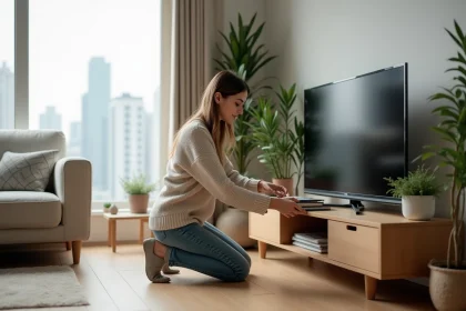 Jeune femme arrangeant livres dans un salon moderne
