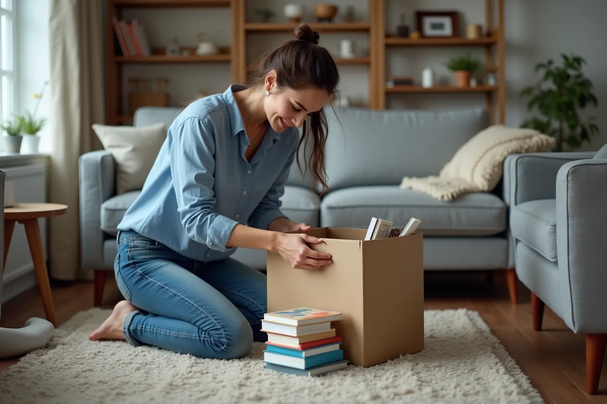 Femme rangeant des livres dans un salon organisé