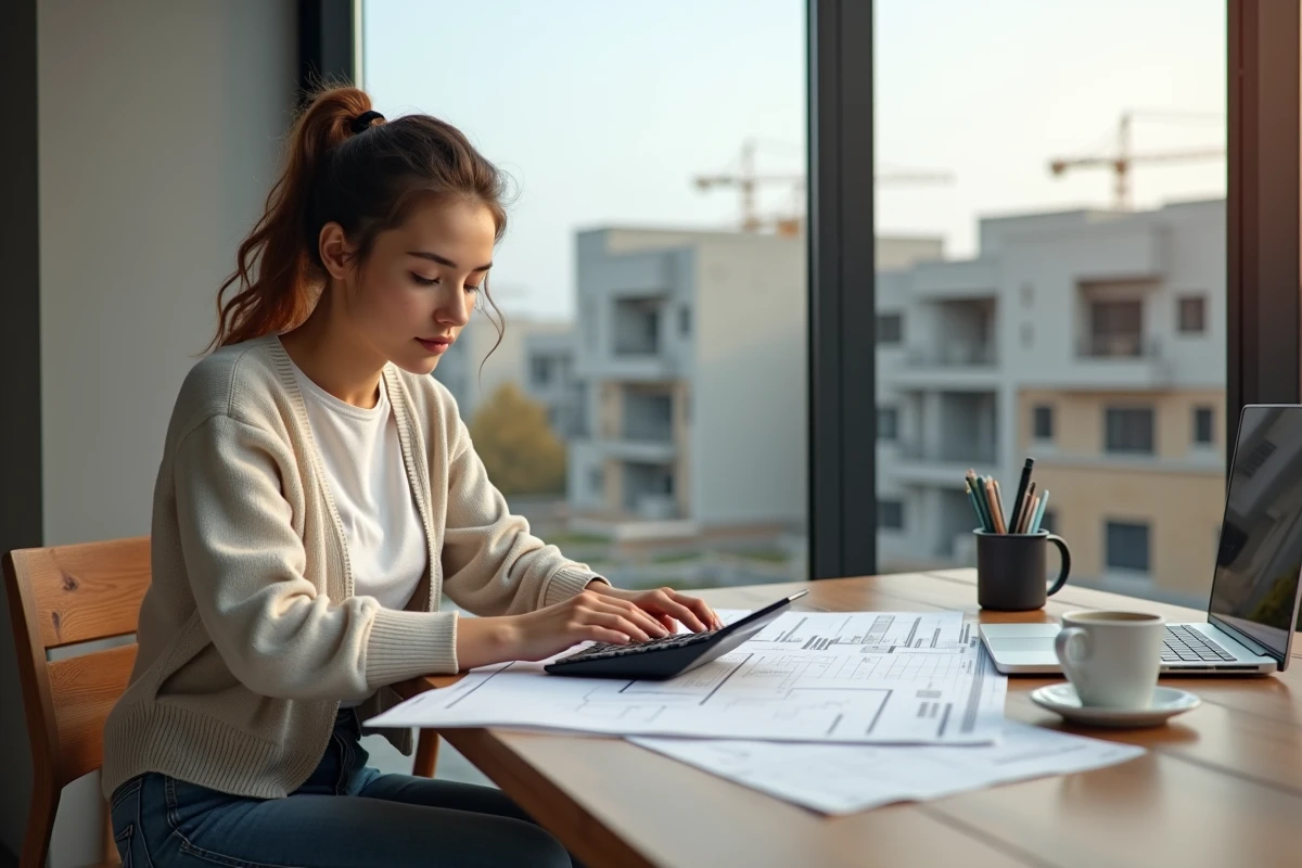 Jeune femme planifie avec plans et calculatrice &agrave; la maison
