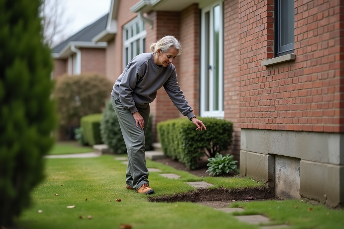 Femme dans son jardin pointant vers le sol près de la maison