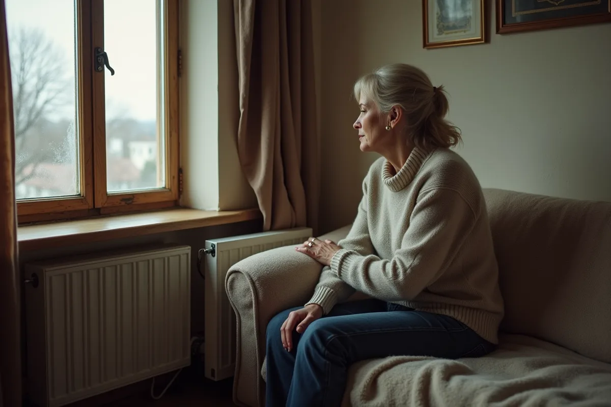Femme ajustant un radiateur moderne dans un salon ancien
