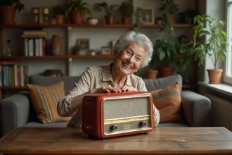 Femme vintage examine une radio des années 1950