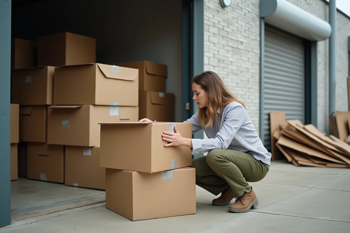 Femme récupérant des cartons gratuits et solides à l'arrière d'un supermarché