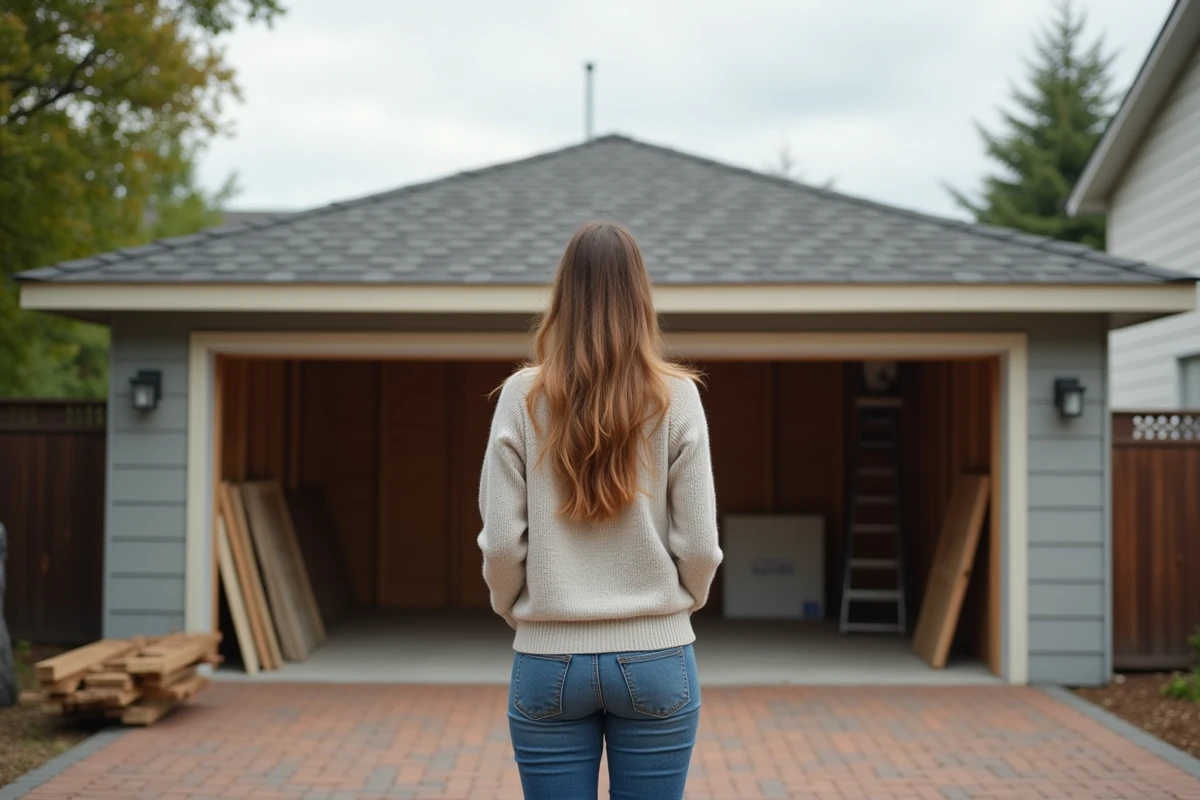 Femme regarde le toit neuf de son garage en arrière-plan