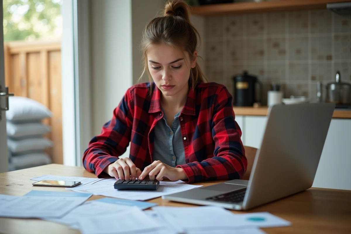 Femme analysant des factures de livraison de béton à la maison