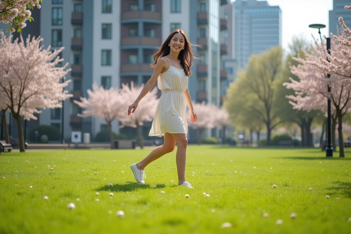 Jeune femme riant en marchant sur une pelouse en ville