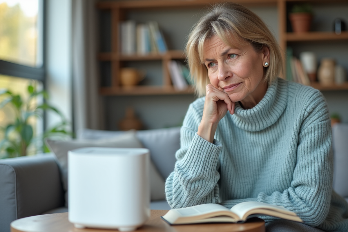 Femme réfléchissant près d'un purificateur d'air dans un salon