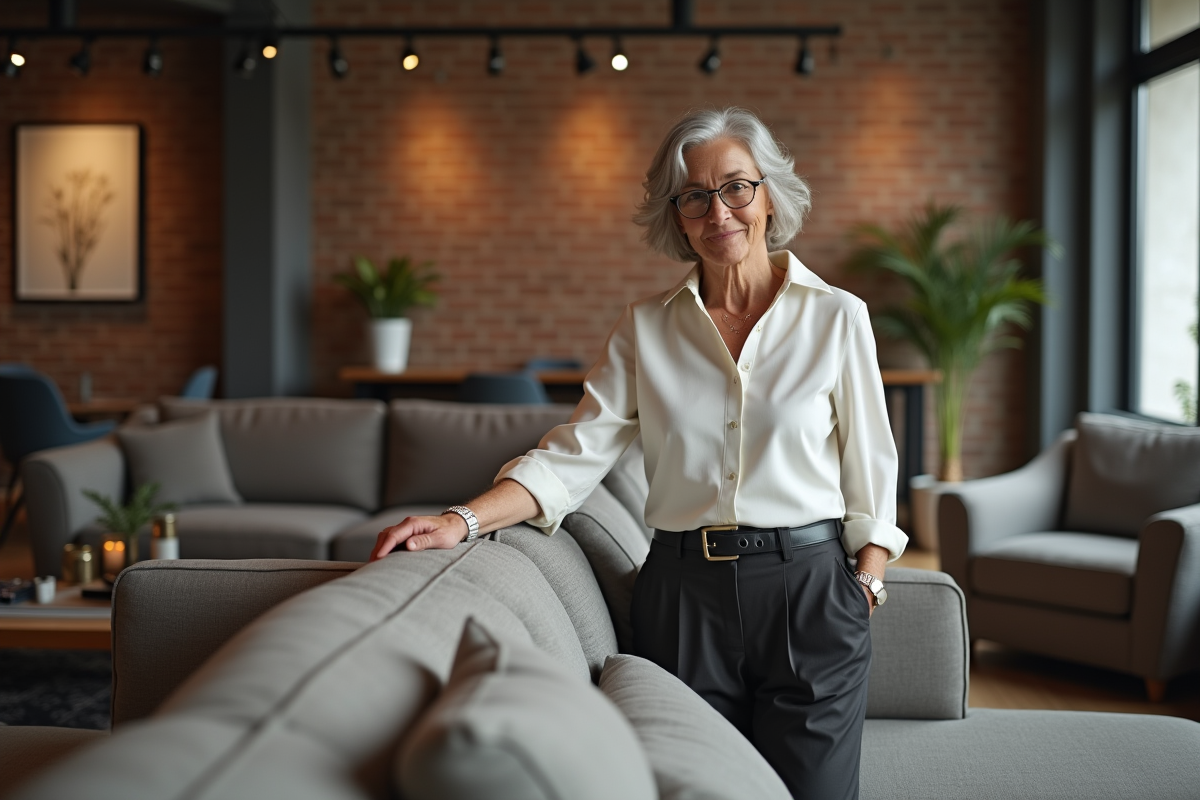 Femme senior touchant un canapé haut de gamme en showroom