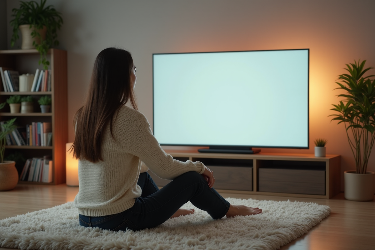 Jeune femme assise devant une grande télévision dans un salon cosy