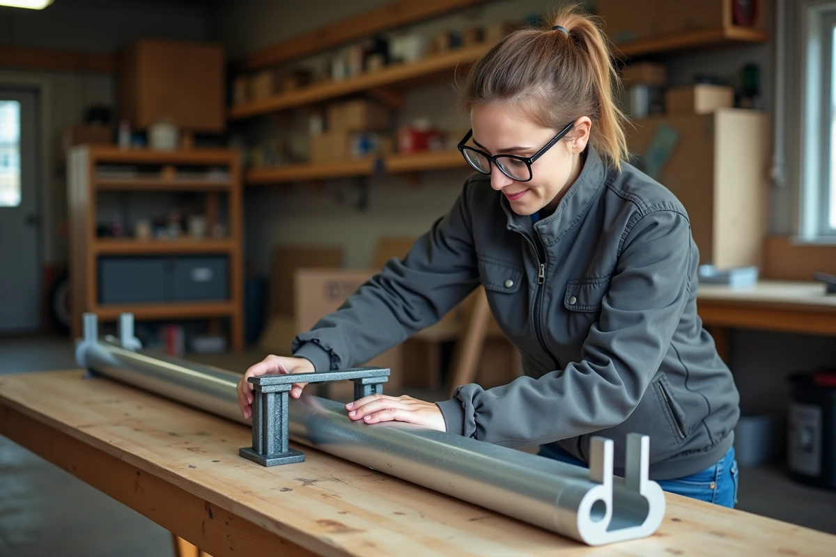 Femme utilisant des serre-joints pour assembler des tubes en aluminium
