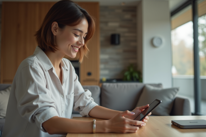 Jeune femme ajustant contrôles domotiques sur tablette