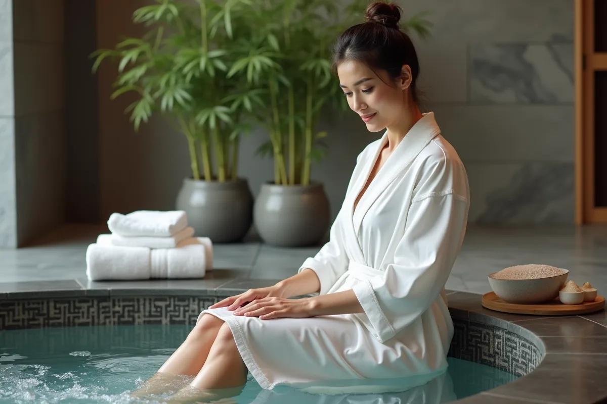 Femme détendue dans un spa avec bain à remous