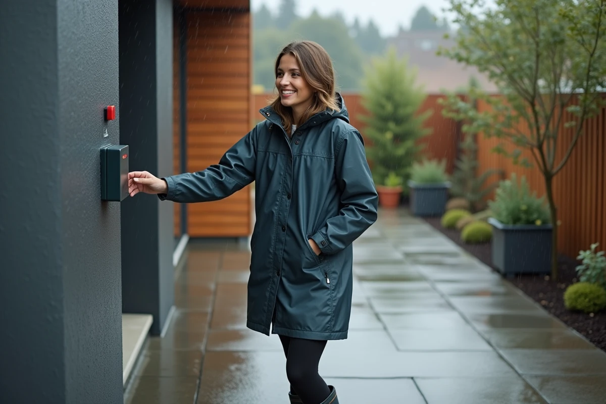 Femme en imperm&eacute;able appuyant sur un poussoir ext&eacute;rieur moderne