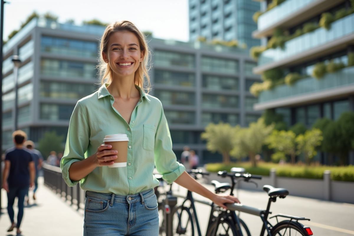 Jeune femme souriante avec tasse réutilisable dans une ville écologique