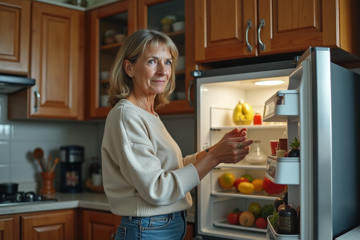 Femme inspectant un refrigerateur ouvert dans la cuisine