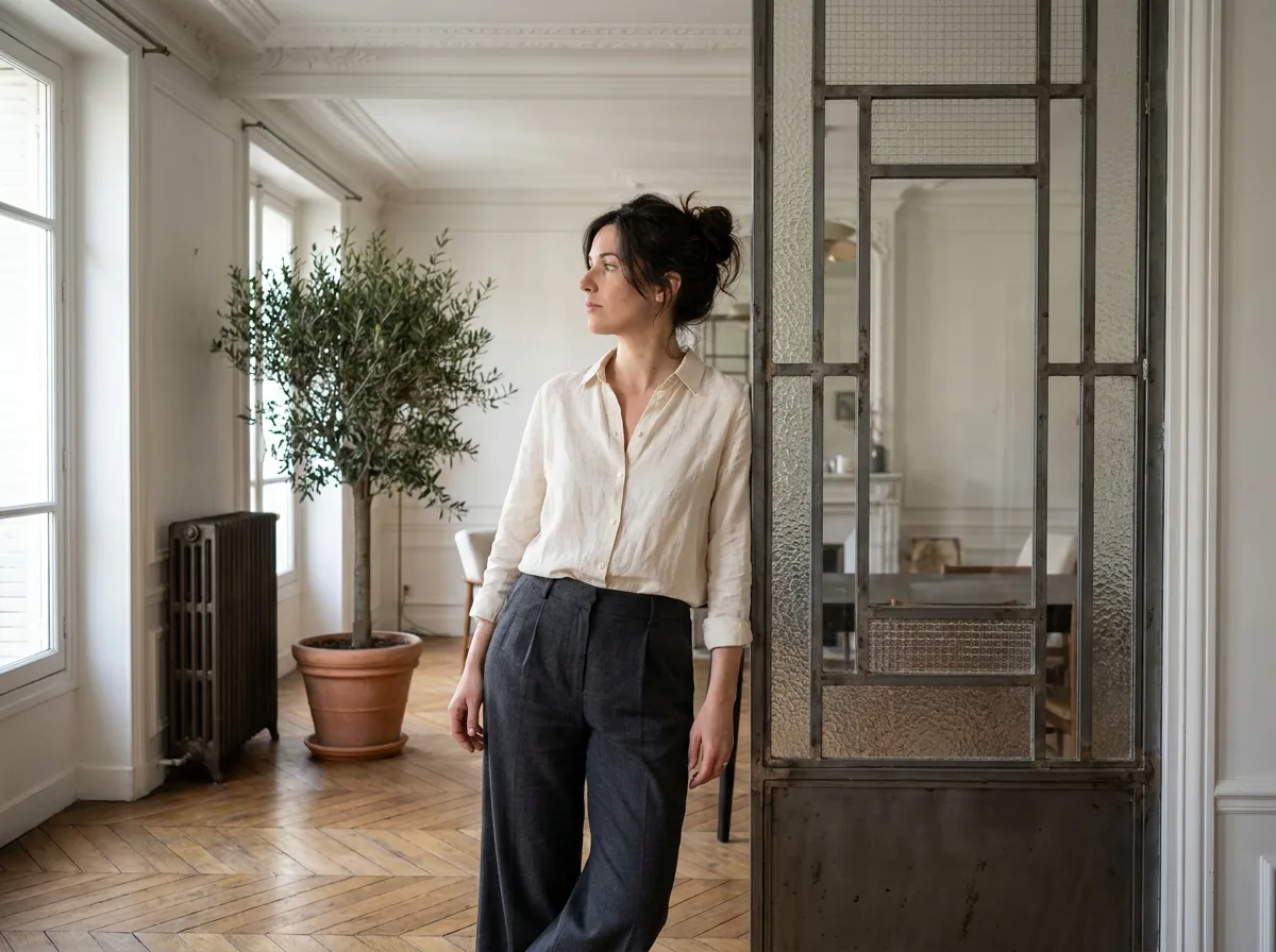 Jeune femme se tenant près d'une verrière art déco dans un petit appartement haussmannien, ambiance authentique et chaleureuse
