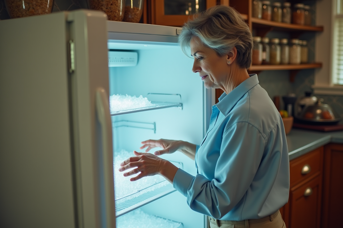 Femme examinant le congélateur givré d’un vieux frigo dans une cuisine chaleureuse