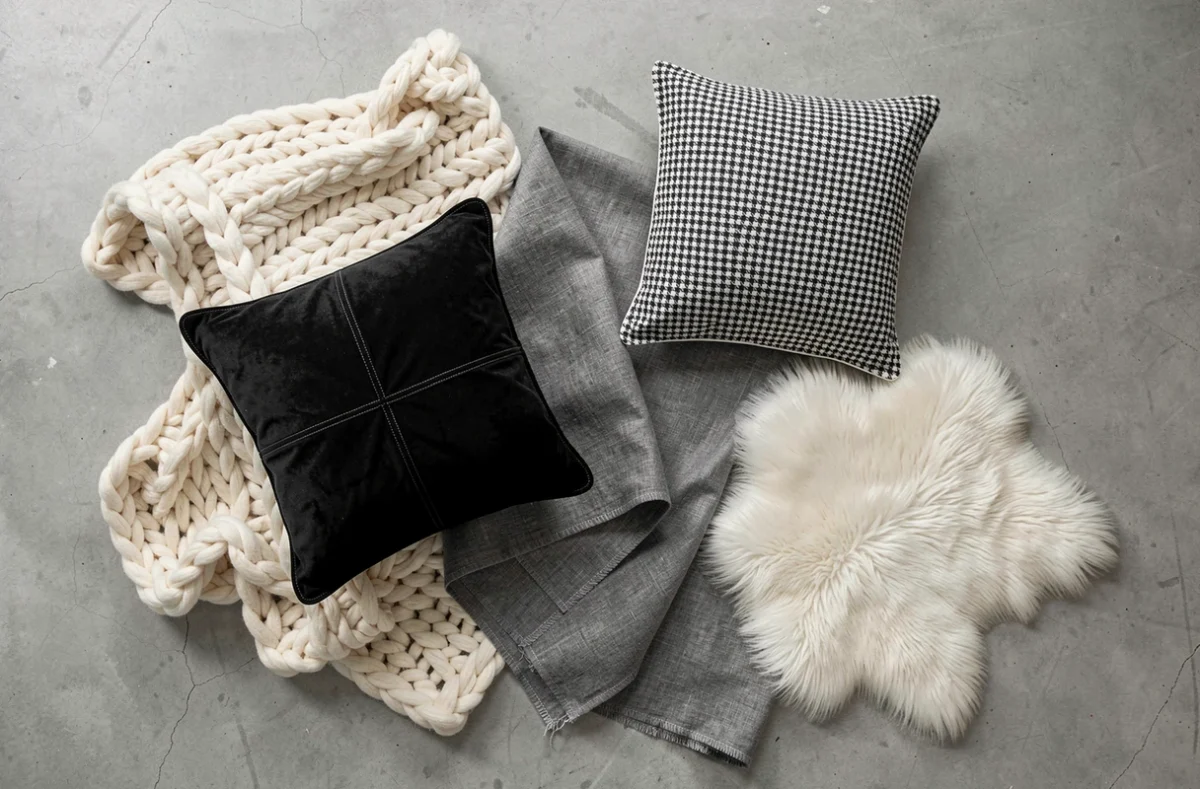 Flat lay de textiles noir et blanc pour décoration de salon incluant plaid en grosse maille, coussin velours, housse houndstooth et peau de mouton blanche