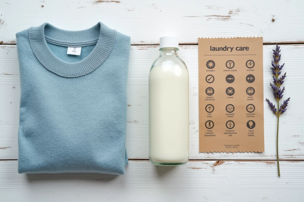 Flat lay d'un pull cachemire, flacon de lessive délicate et tableau des pictogrammes d'entretien sur bois blanc