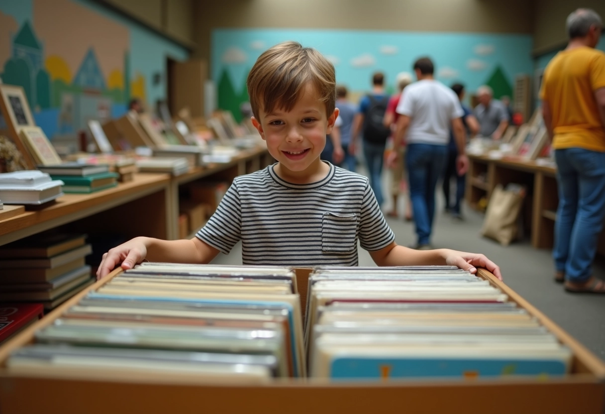 Jeune garçon examinant des vinyles lors d