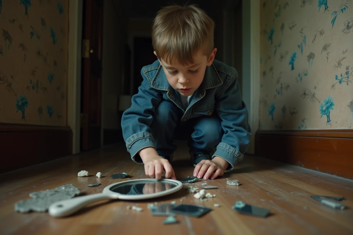 Adolescent ramassant des morceaux de miroir cassé au sol