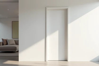 Porte invisible intégrée au mur blanc avec gond dissimulé dans un intérieur minimaliste contemporain
