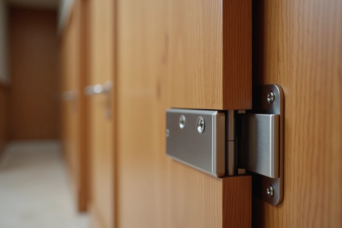 Gros plan sur un gond de porte invisible en acier inoxydable brossé encastré dans un bord de porte en bois
