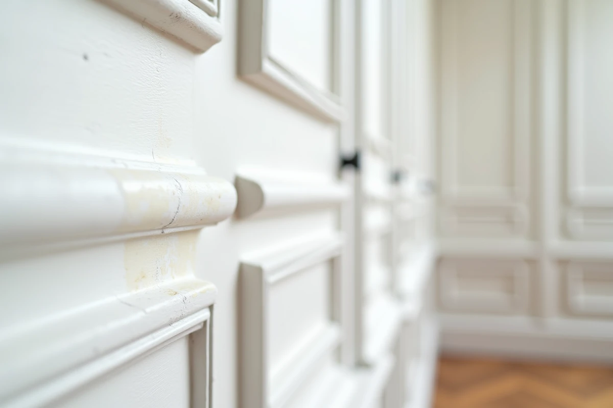 Gros plan sur des moulures en bois peintes en blanc satiné dans un salon classique français, montrant la texture du bois et la fraîcheur de la peinture blanche