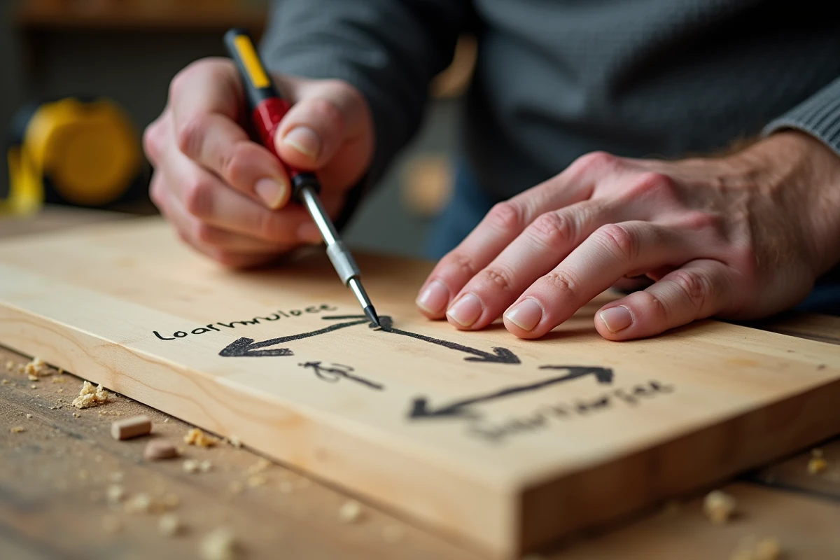 Gros plan de mains tenant un tournevis avec un schéma de sens de vissage et dévissage posé sur une planche en bois