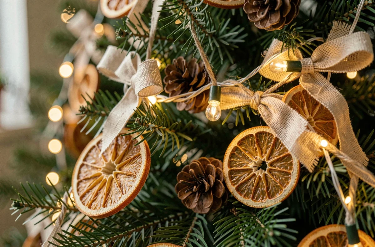 Gros plan sur une guirlande LED éco-responsable en fil recyclé sur une branche de sapin de Noël avec décoration naturelle