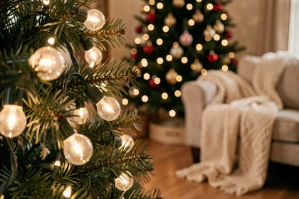 Gros plan sur des guirlandes lumineuses LED enroulées autour de branches de sapin naturel avec bokeh de décoration de Noël en arrière-plan
