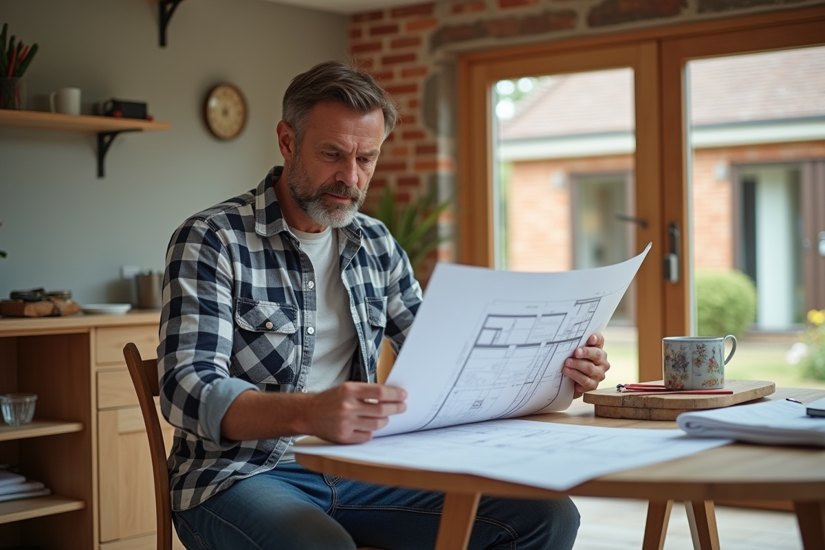 Homme d'âge moyen examinant des plans architecturaux dans une maison