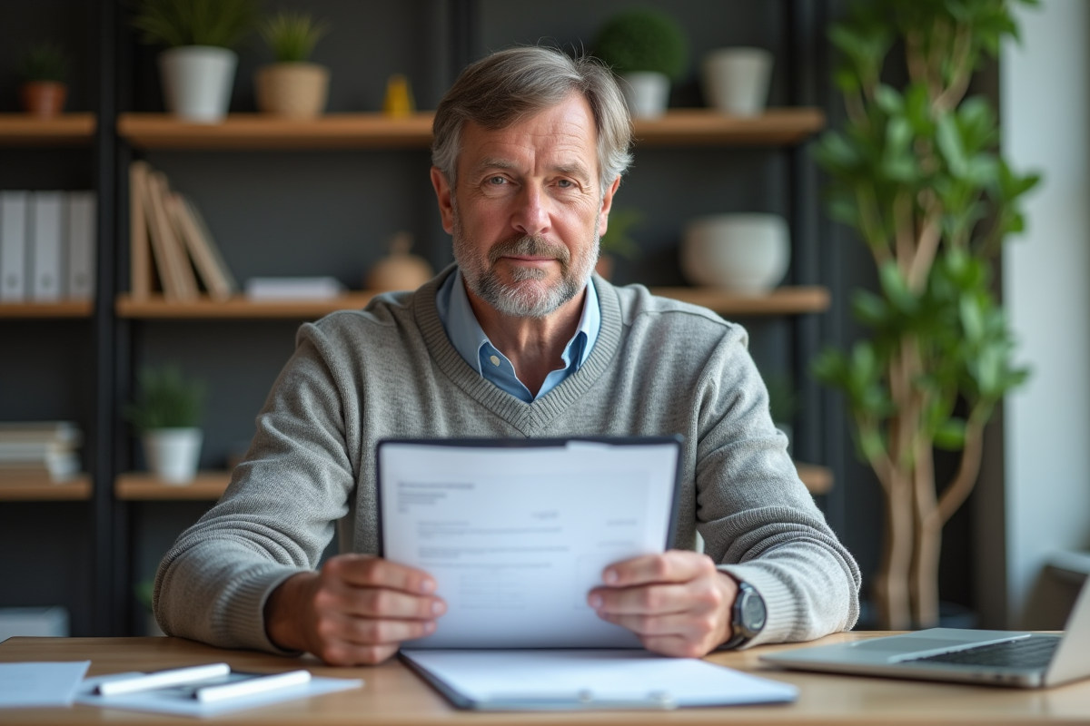 Homme d'âge moyen dans un bureau à domicile en train de lire des documents