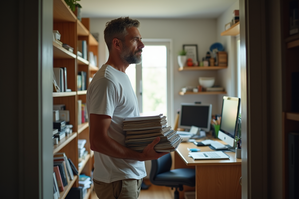 Homme vérifiant un espace de bureau encombré