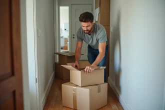 Homme pliant des cartons solides dans un couloir d'appartement le jour du déménagement