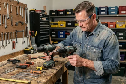 Homme comparant deux perceuses électriques sur un établi de garage avec des outils de bricolage organisés