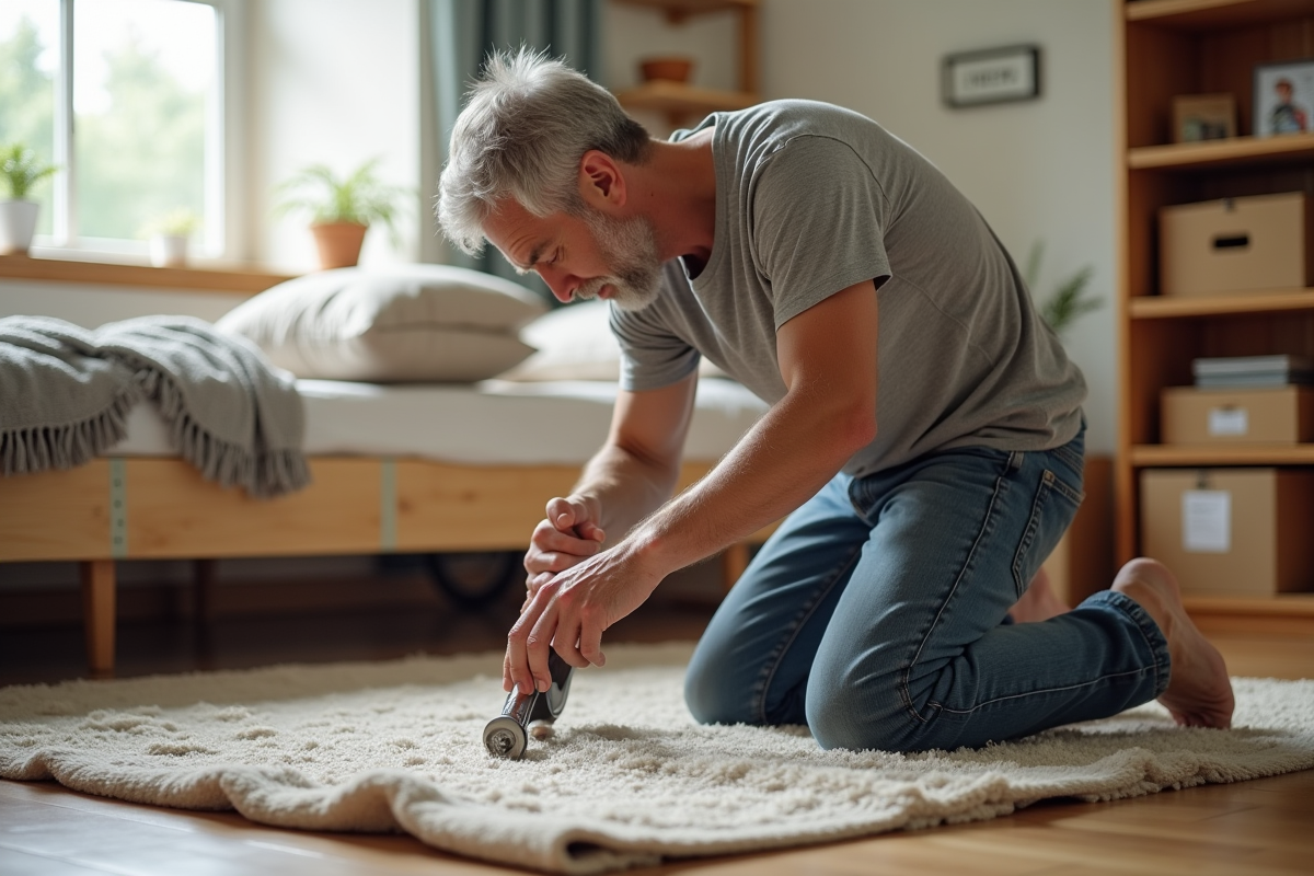 Un homme d age fixe un boulon sous un lit en cours d assemblage dans un salon