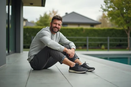 Homme d&eacute;tendu assis sur une terrasse moderne en ext&eacute;rieur