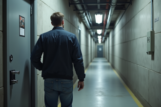 Homme déverrouillant une porte de stockage sécurisé dans un sous-sol