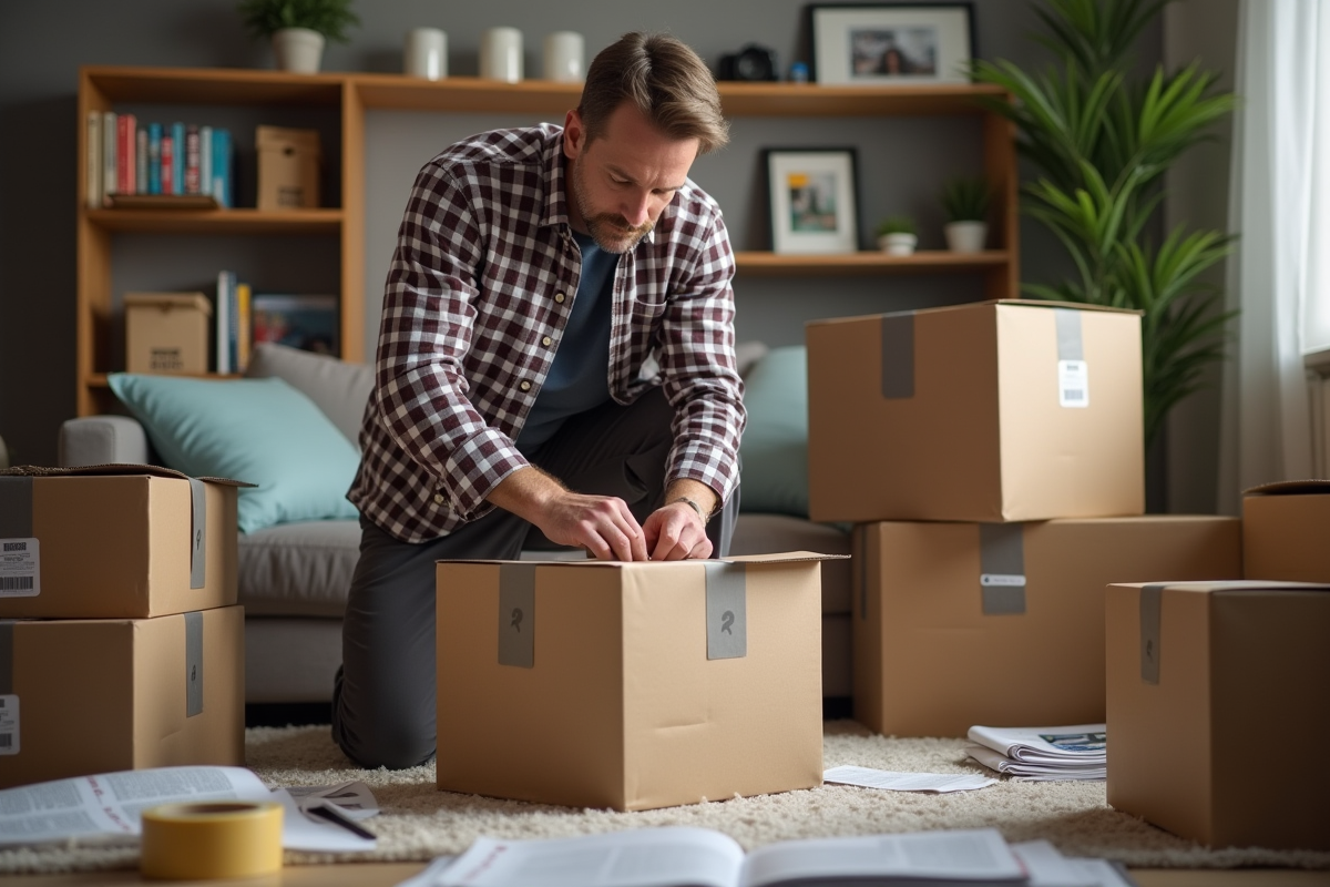 Homme emballant des cartons dans son appartement