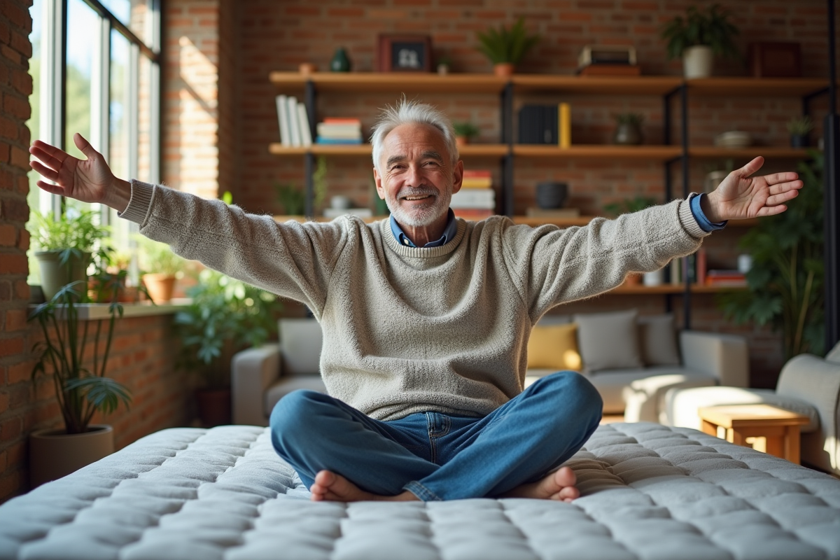 Homme assis sur le lit dans un loft lumineux