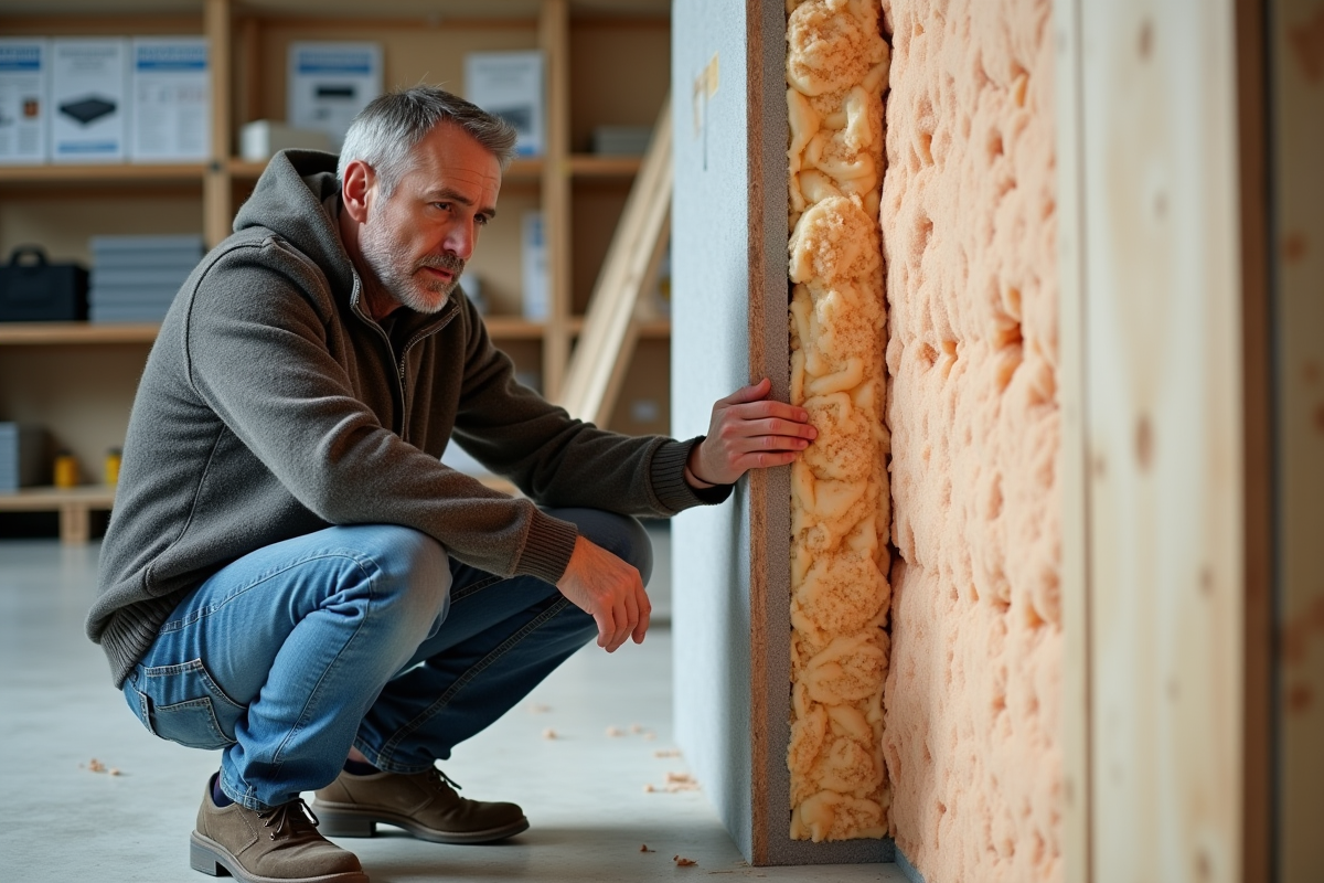 Homme examinant une section d'isolation murale en atelier