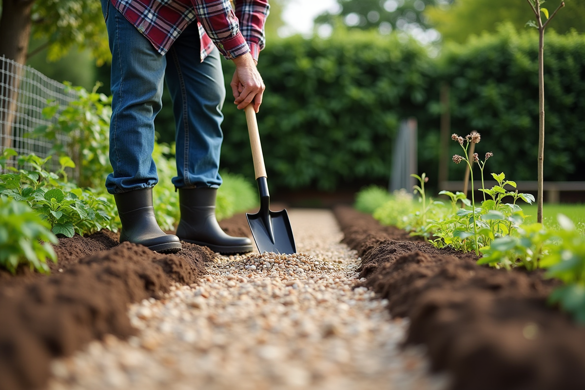 Homme vérifiant la couche de gravier dans le jardin