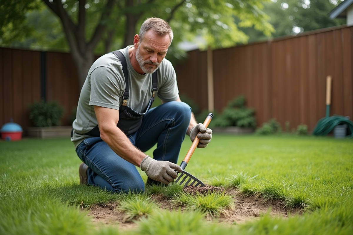 Homme d'âge moyen en tenue de jardinage arrosant la pelouse