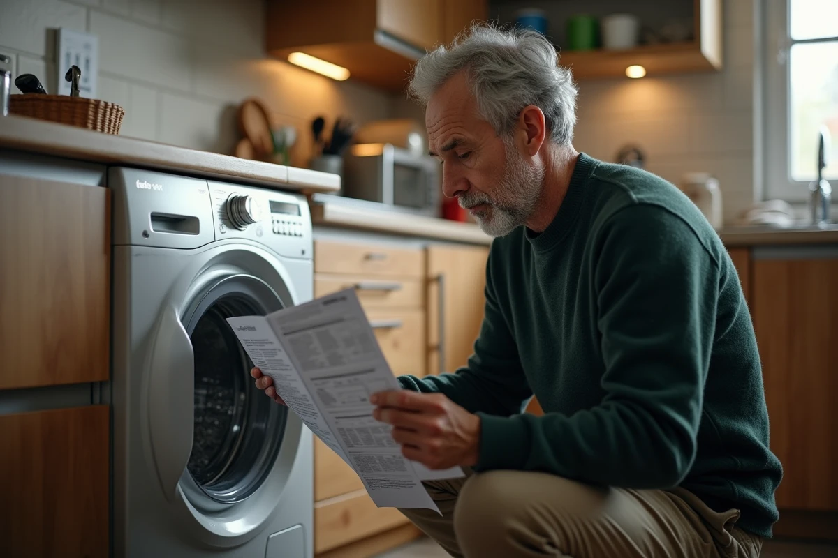Homme consultant le manuel de la machine à laver