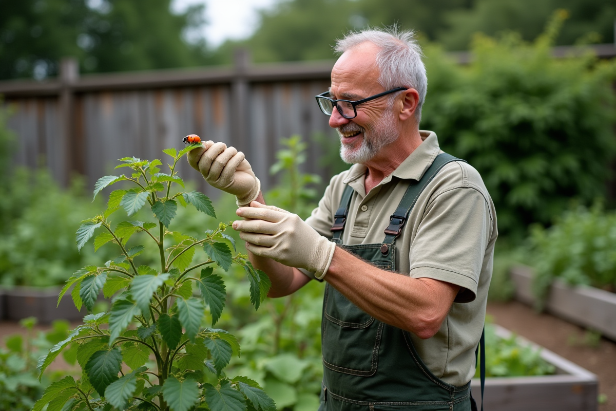 Homme relâchant une coccinelle sur une plante de tomate