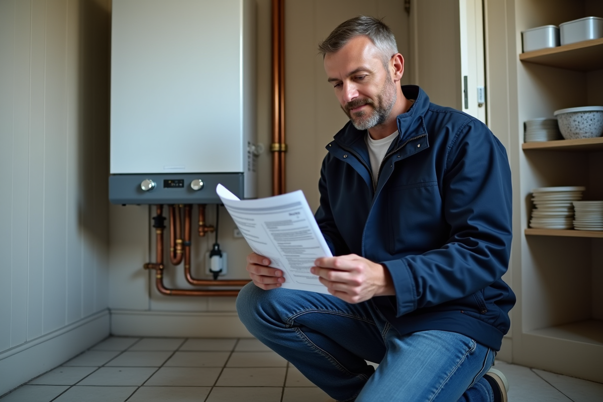 Homme lisant un manuel près d'une chaudière moderne