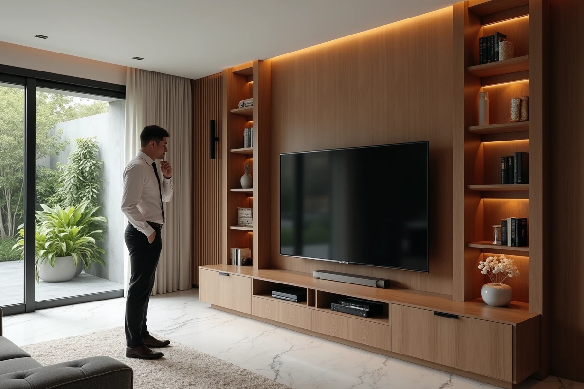 Homme examinant un meuble TV haut de gamme dans un salon